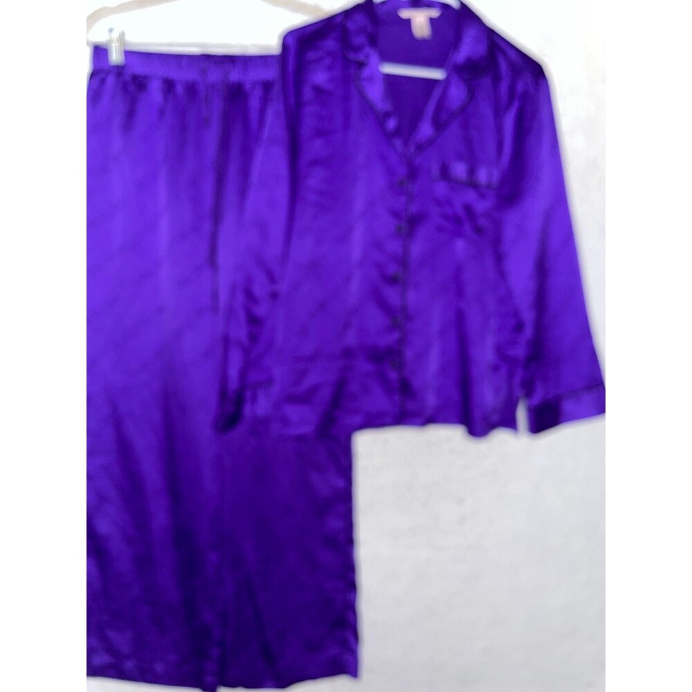 Victoria Secret Satin Pajama Set Sz S Purple Logo Long Sleeve button front top